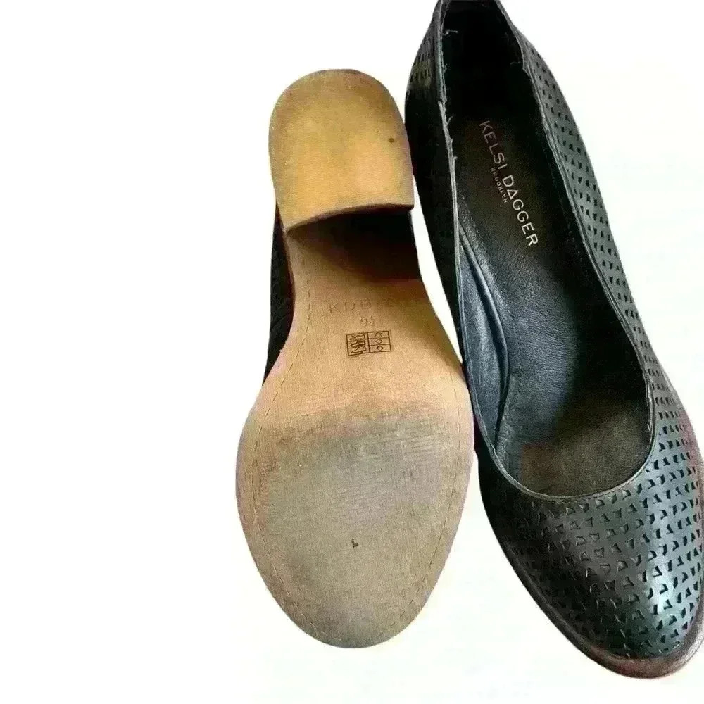 Kelsi Dagger Brooklyn 4" heel shoes black‎ chunky perforated leather women 9.5 - Picture 3 of 8